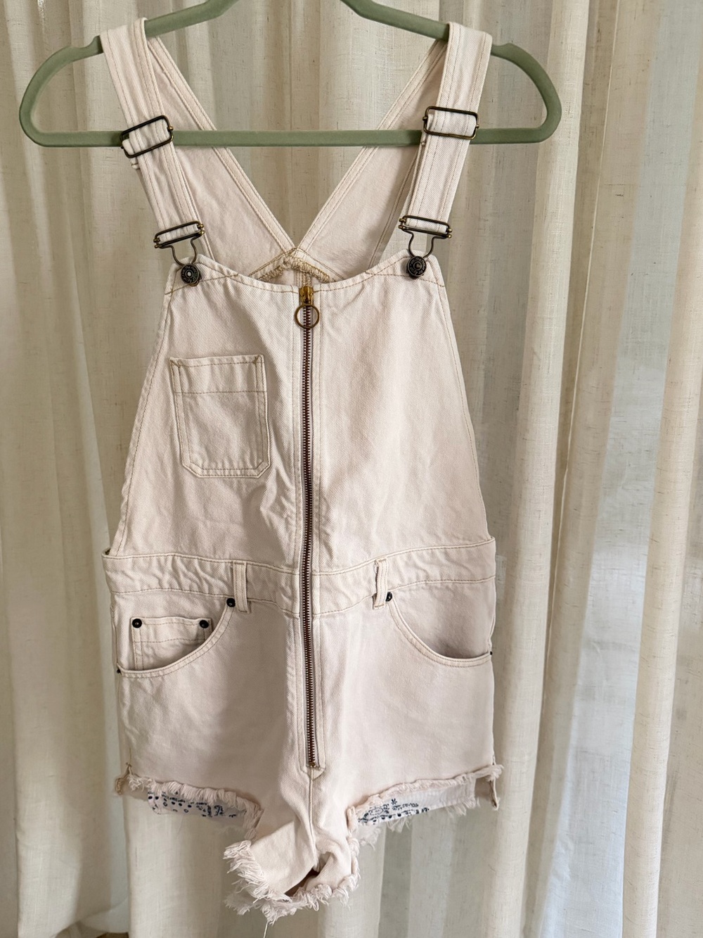 We The Free Cream Zip-Front Denim Short Overalls